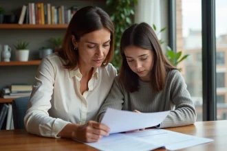 Femme et fille examinent des documents de location dans un appartement