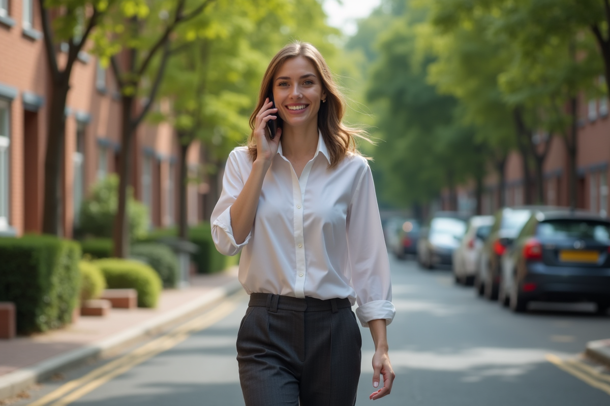Femme marchant dans une rue résidentielle arborée