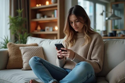 Jeune femme assise sur un canapé moderne utilisant son smartphone