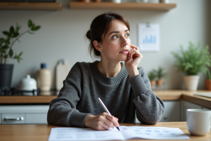 Femme en milieu de trente ans travaillant à la maison