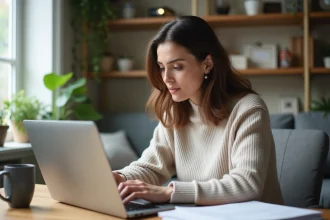 Femme assise à son bureau à la maison en train de travailler sur son ordinateur