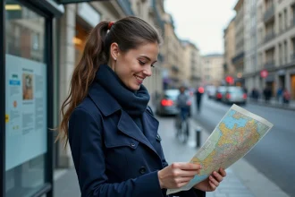 Jeune femme vérifiant une carte de France en ville