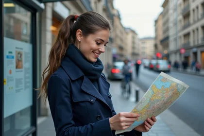 Jeune femme vérifiant une carte de France en ville
