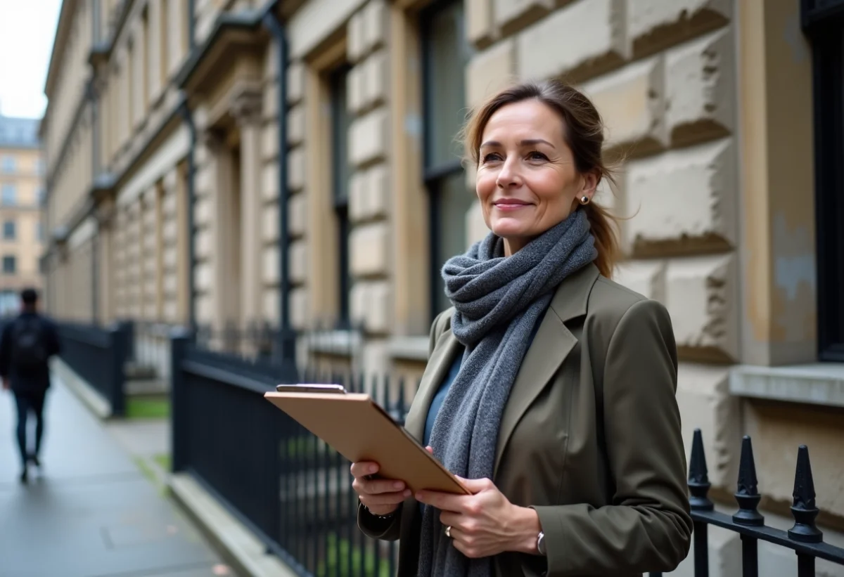 Femme évaluant un bâtiment municipal historique