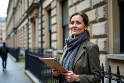 Femme évaluant un bâtiment municipal historique
