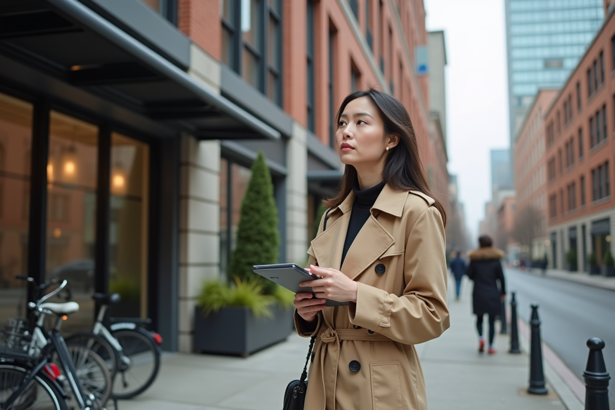 Jeune femme observant un immeuble rénové dans un quartier urbain