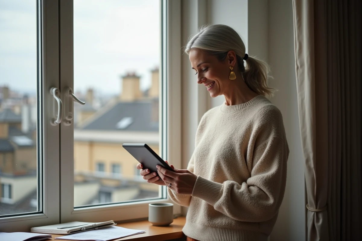 Femme utilisant une tablette pour déclaration de location en ville