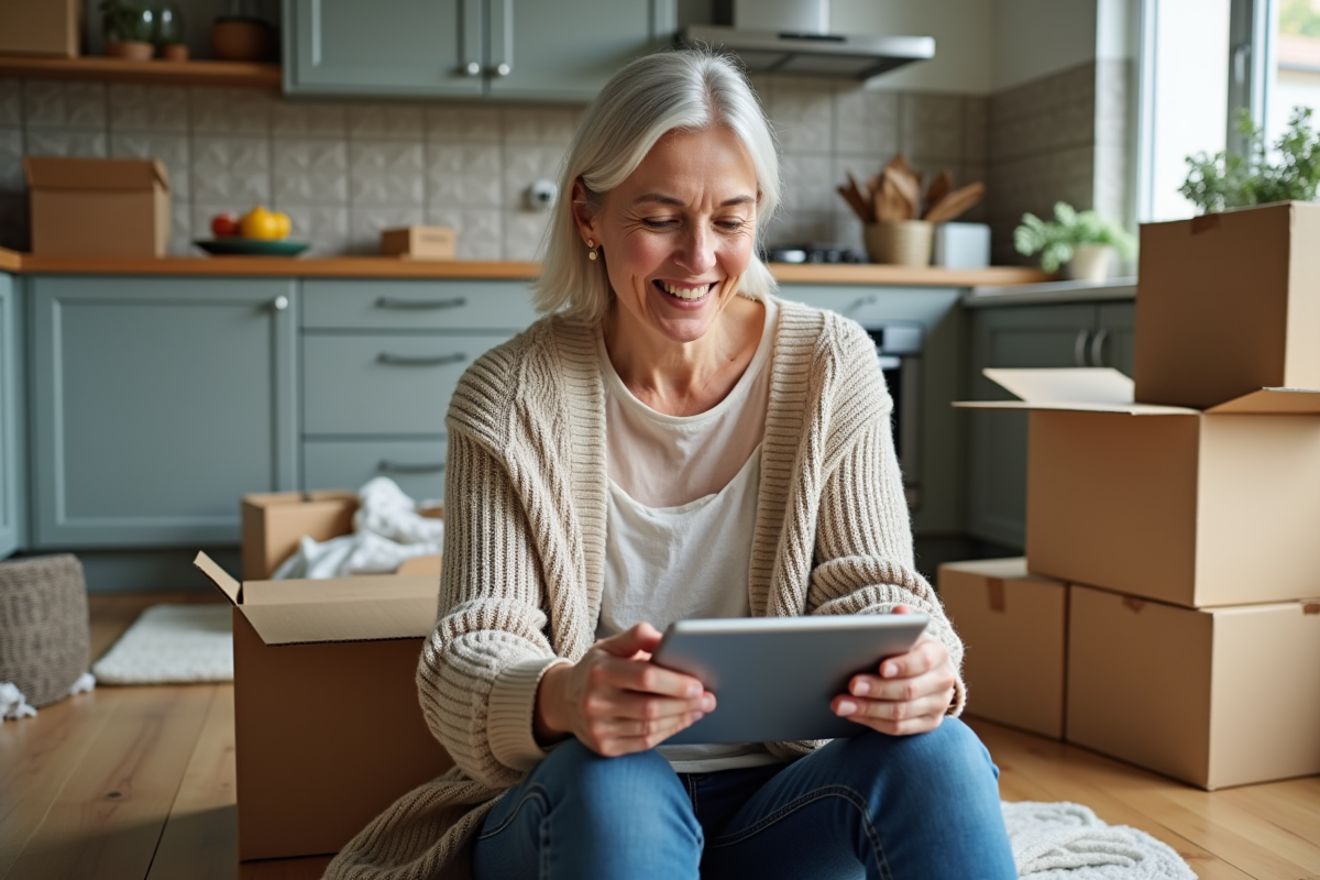 Femme comparant des devis sur une tablette dans la cuisine