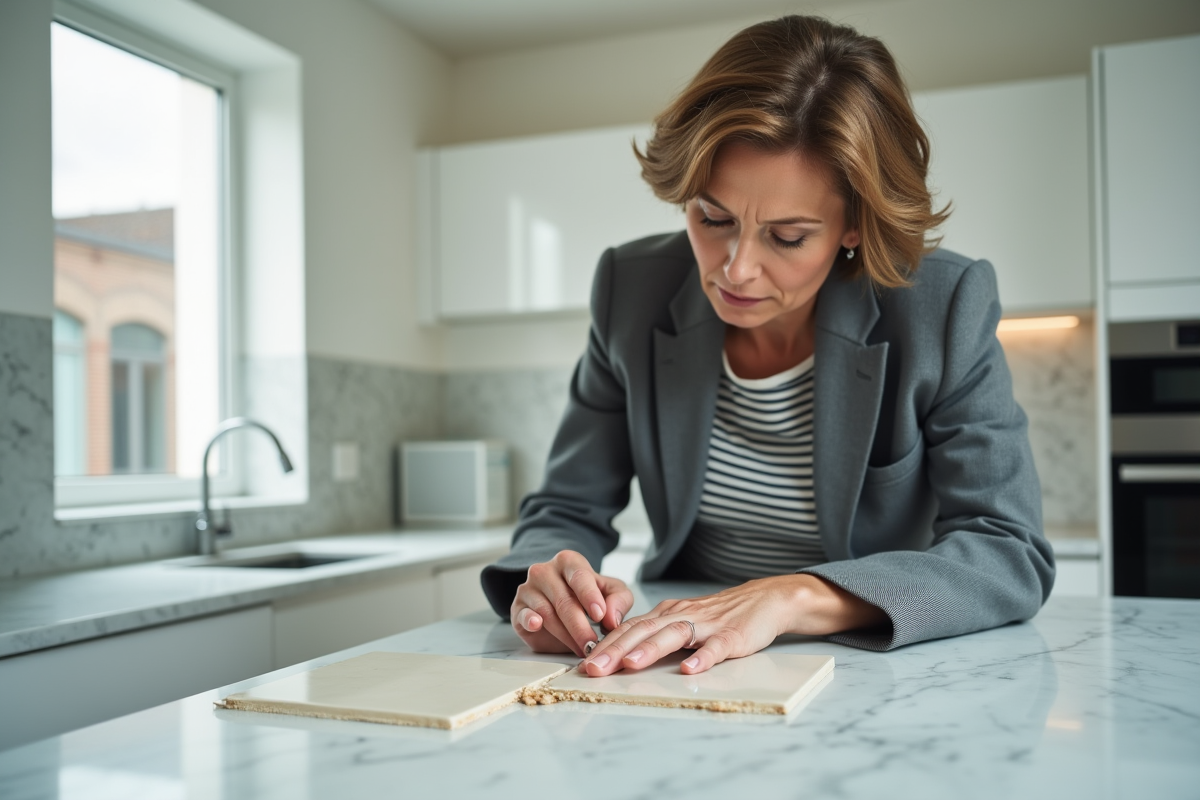 Femme examinant des carreaux endommagés dans une cuisine lumineuse