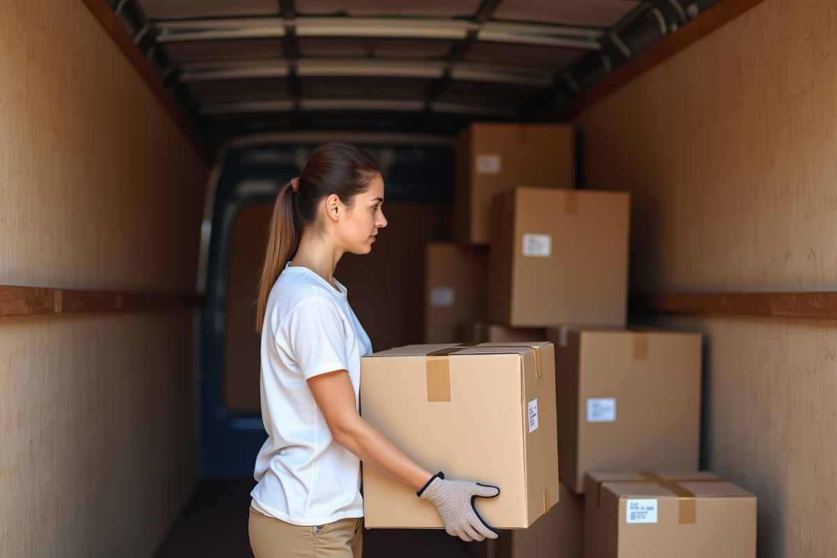Femme emballant des caisses dans un camion de déménagement