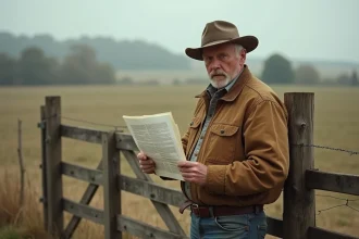 Fermeur examinant des documents agricoles en plein air