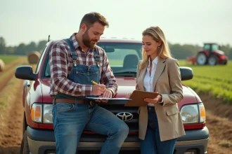 Fermier signant un contrat à côté d'un camion dans un champ