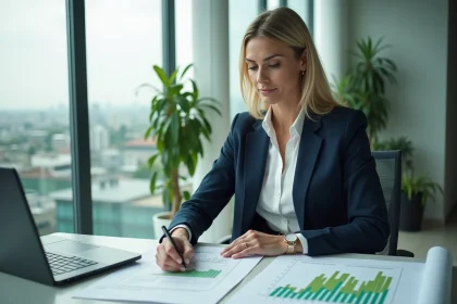 Professionnelle de la finance durable analysant des documents d'investissement immobilier responsable dans un bureau moderne avec vue sur la ville