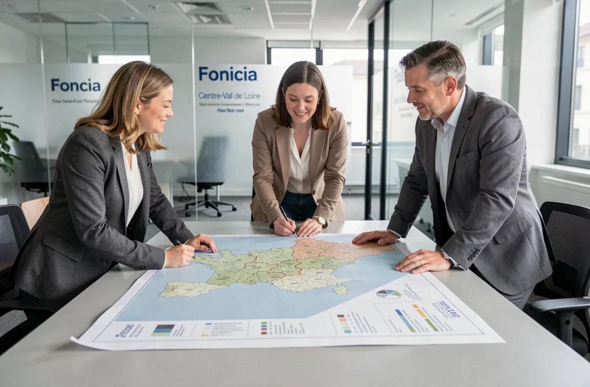 Équipe de gestion immobilière Foncia autour d'une carte de la région Centre-Val de Loire