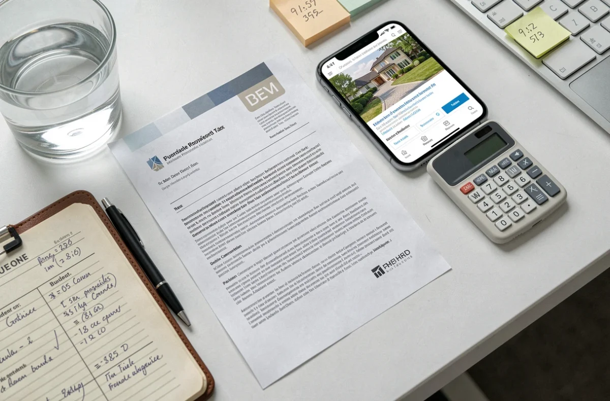 Formulaire de taxe foncière 2026 et documents fiscaux immobiliers posés sur un bureau moderne