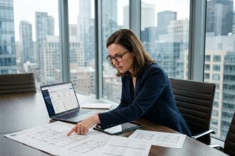 Gestionnaire immobilier professionnelle analysant des documents techniques dans un bureau moderne avec vue sur la ville