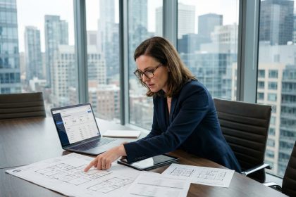 Gestionnaire immobilier professionnelle analysant des documents techniques dans un bureau moderne avec vue sur la ville