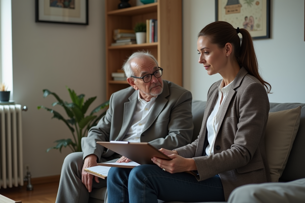 Femme gestionnaire immobiliere consulte un resident age