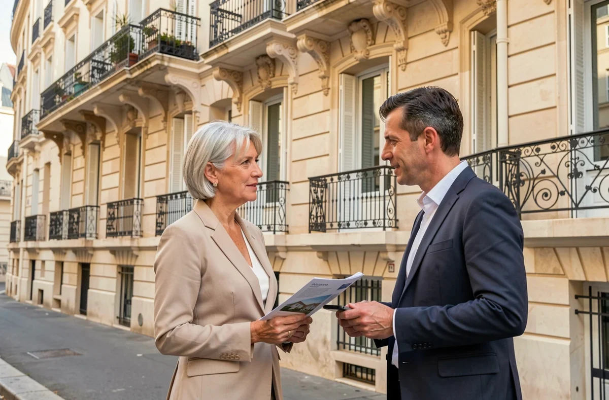 Agente de Guis Immobilier discutant avec un client devant un immeuble haussmannien à Marseille