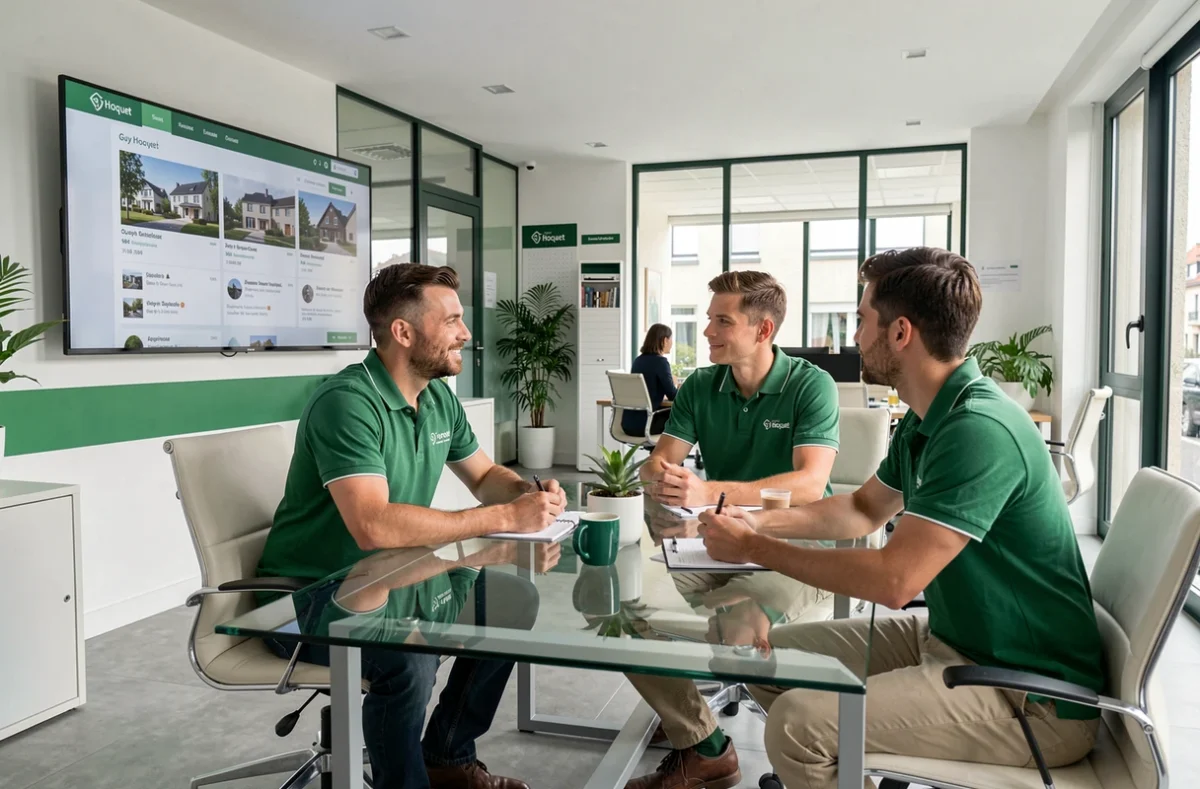 Intérieur moderne de l'agence Guy Hoquet dans la Drôme avec des agents en consultation client