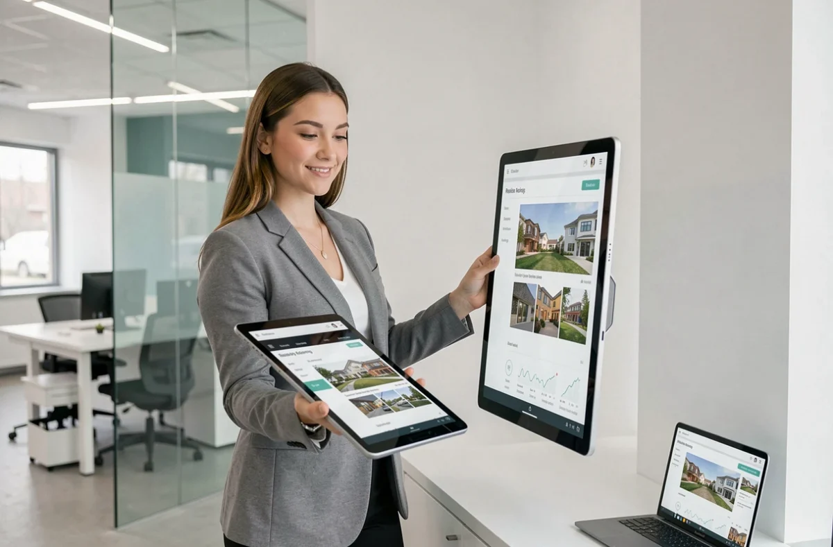 Agente immobilière Homki présentant une annonce sur tablette dans une agence moderne et digitale