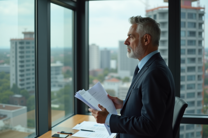 Homme d'affaires regardant un chantier depuis un bureau
