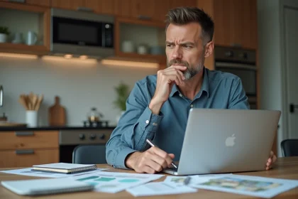 Homme d'âge moyen analysant des annonces immobilières sur un laptop