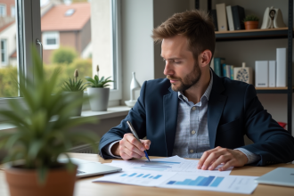 Homme d'âge moyen analysant des documents immobiliers dans un bureau lumineux