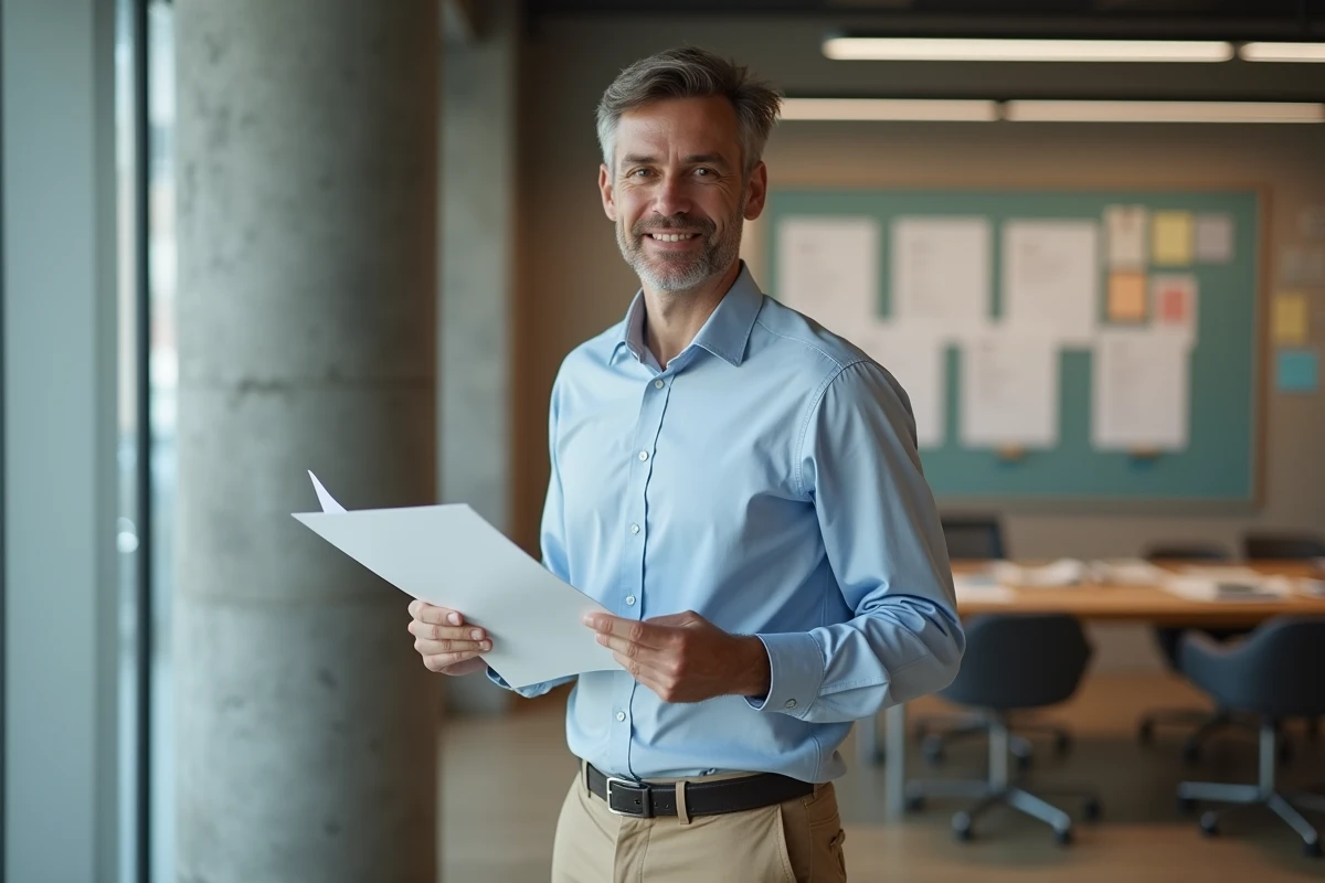 Homme d age moyen discutant d un dossier de location dans un bureau moderne