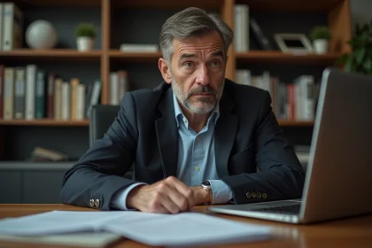 Homme d'âge moyen concentré sur un ordinateur dans un bureau