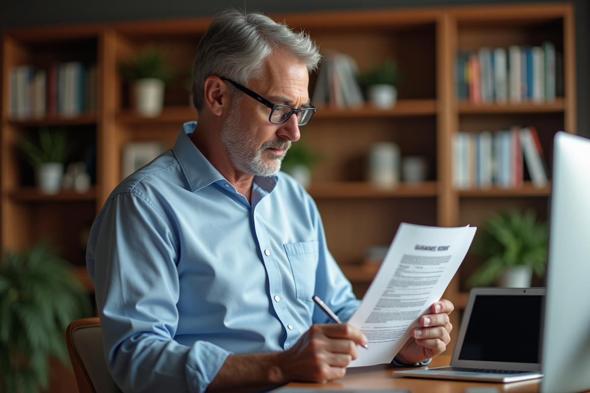 Homme analysant un contrat dans un bureau à domicile