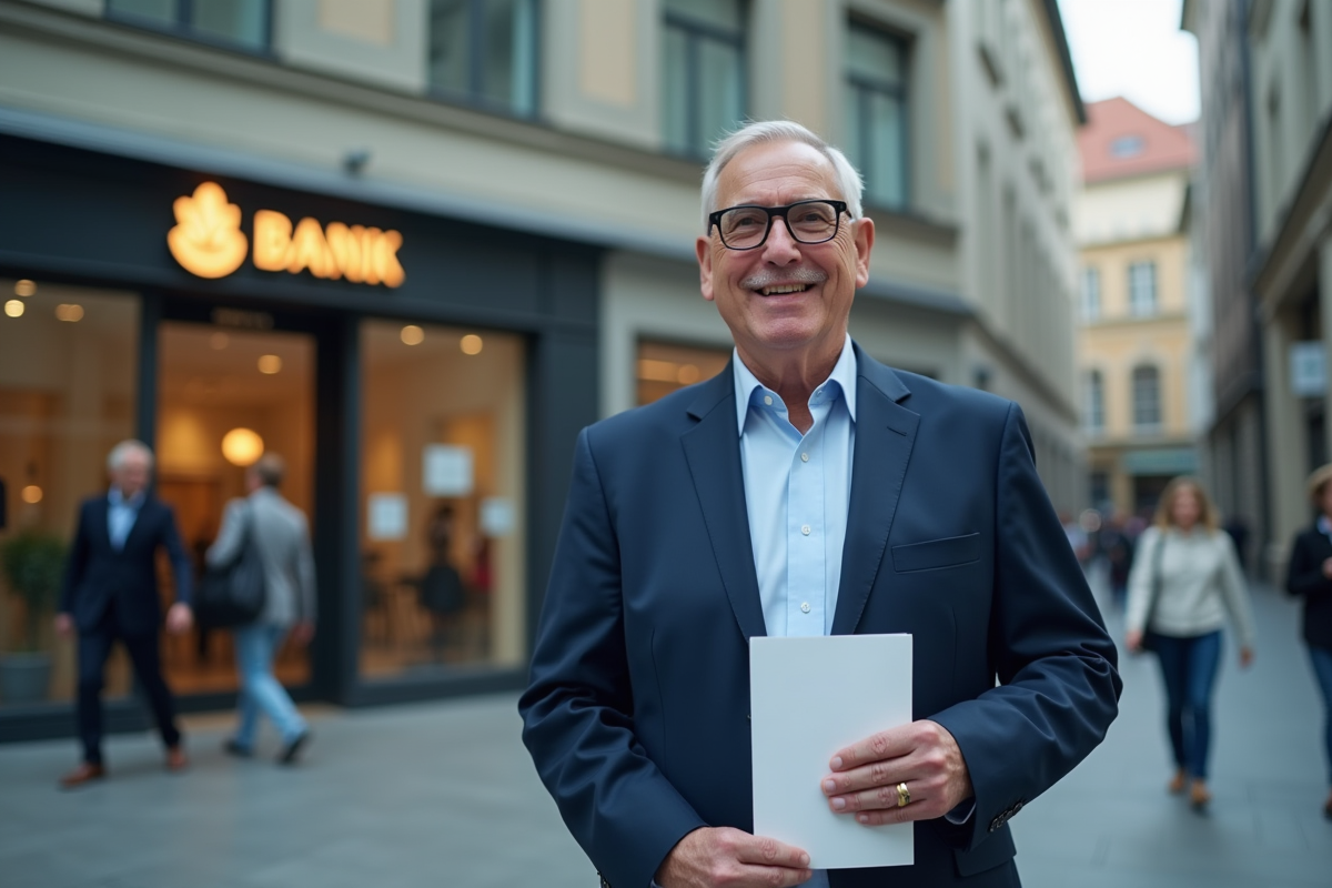 Homme d age moyen souriant devant une agence bancaire moderne