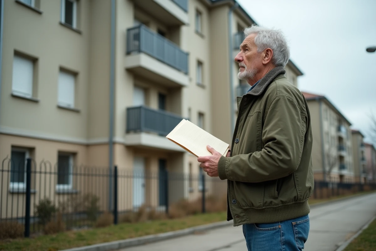 Un homme tenant un courrier de demande de logement devant un immeuble HLM en banlieue française