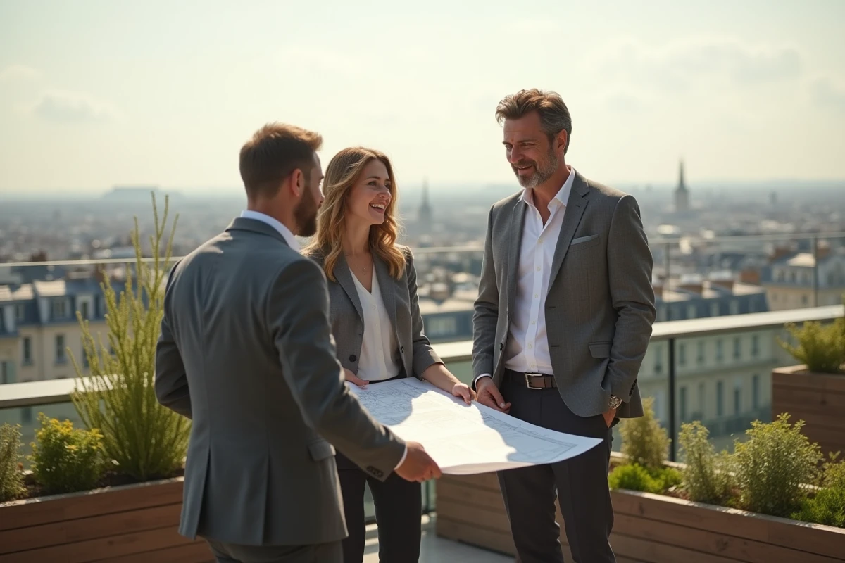 Homme en costume discutant avec un couple sur toit parisien
