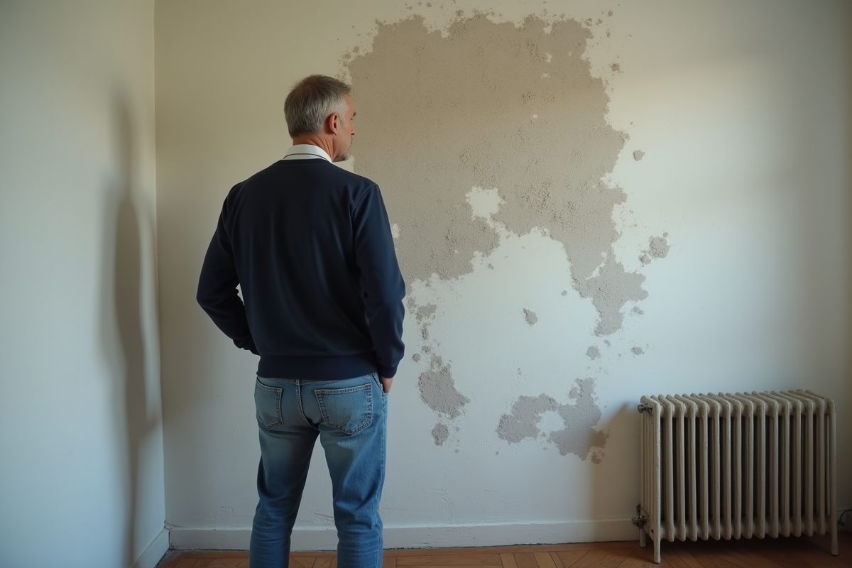 Homme d'âge moyen observant un mur salpêtré dans un salon ancien