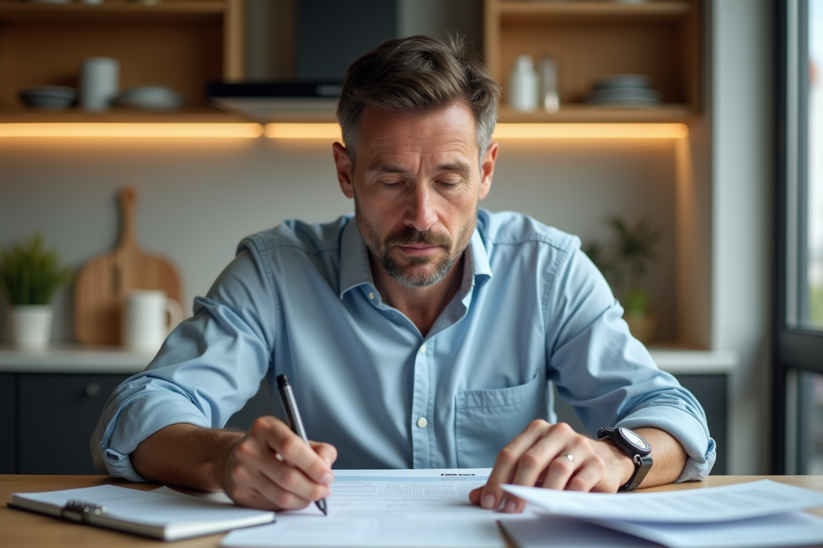 Homme d'âge moyen examinant des documents fiscaux dans un appartement moderne