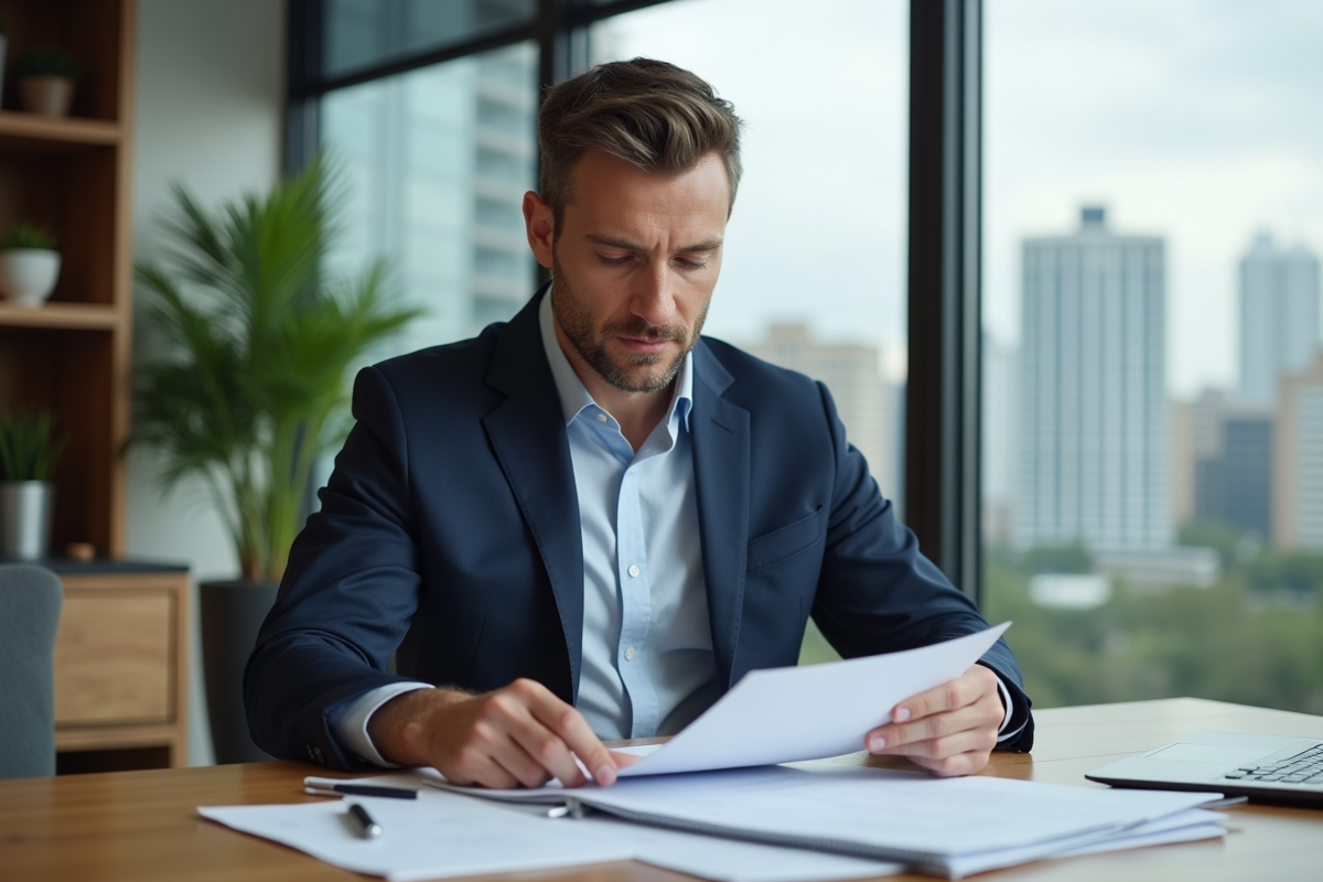 Homme en blazer bleu examinant des documents immobiliers