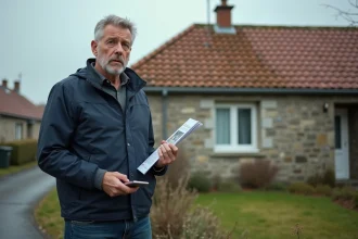 Homme inquiet devant une maison à SaintNazaire avec brochure immobilière