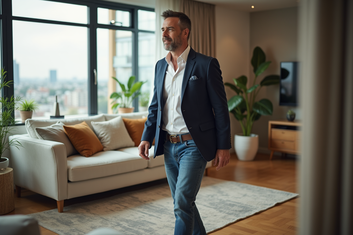Homme en tenue décontractée inspectant un appartement meublé