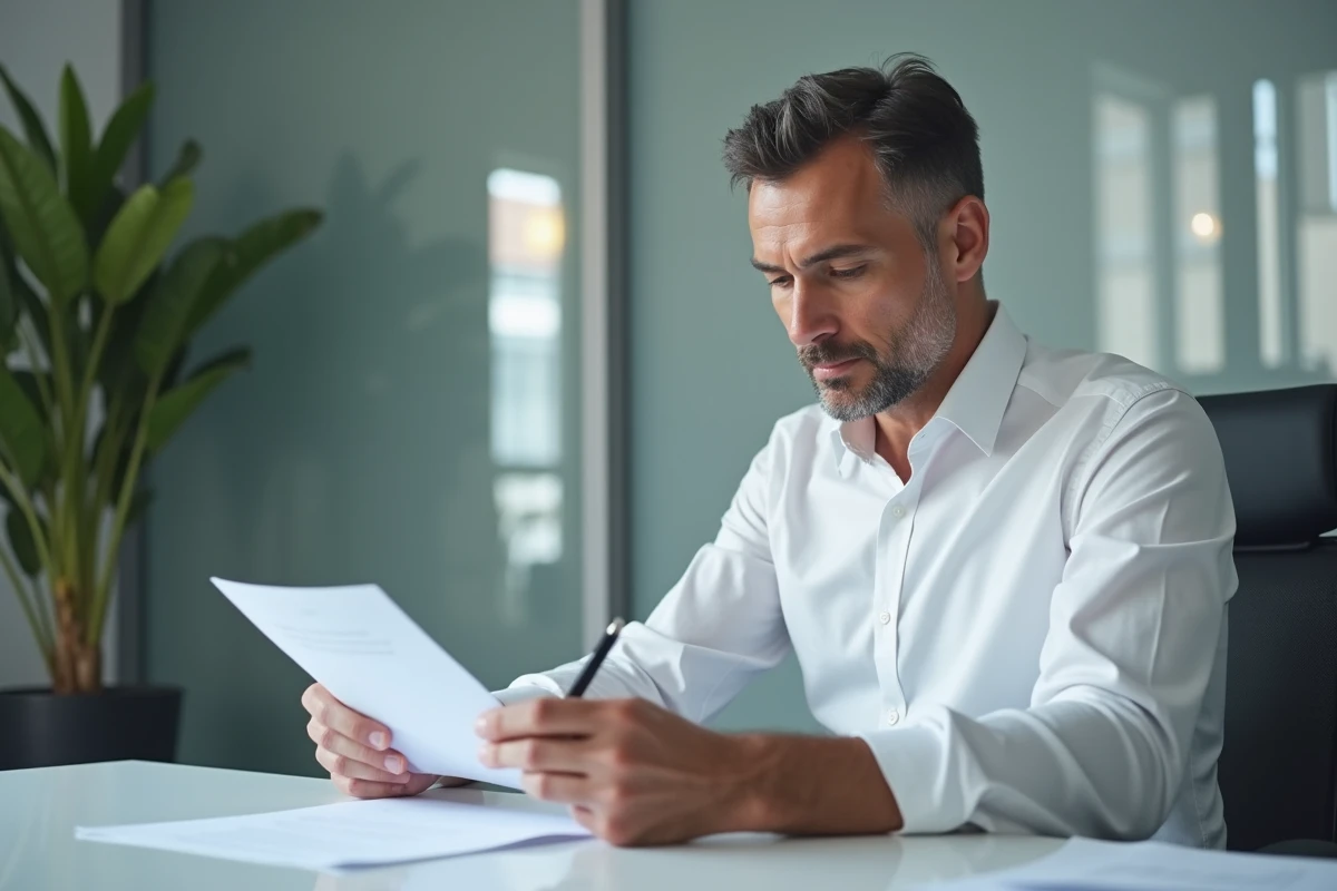 Homme consultant seul des documents juridiques lors d'une consultation notariale gratuite sur une donation