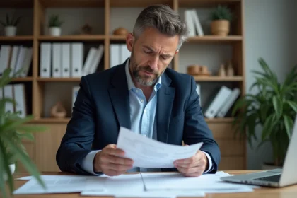 Homme d'âge moyen lisant des documents dans un bureau moderne