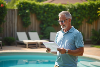 Homme d'âge moyen lisant des documents fiscaux français dans un jardin
