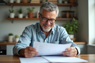 Homme d'âge moyen triant des papiers d'impots dans sa cuisine