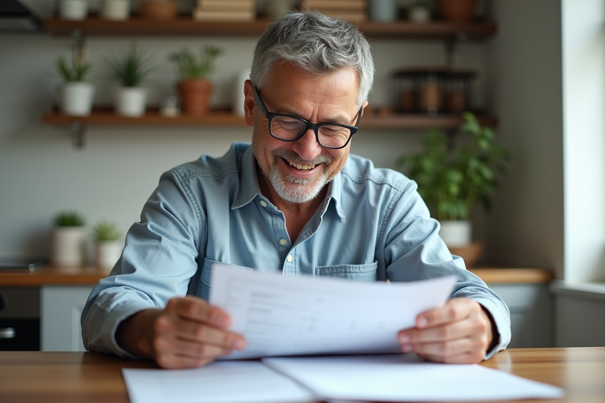 Homme d'âge moyen triant des papiers d'impots dans sa cuisine