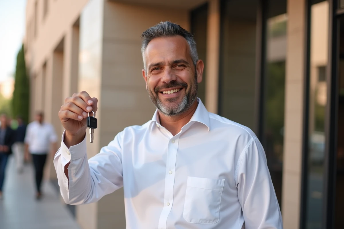Homme marocain souriant avec clés devant immeuble