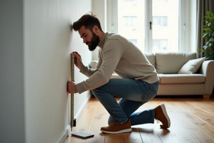 Homme barbu en jeans mesurant un mur dans un appartement moderne