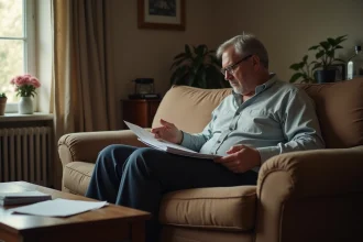 Homme d'âge moyen avec une prothèse assis dans un salon