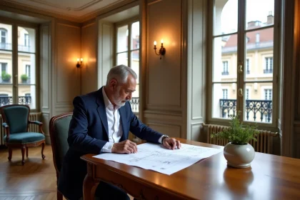 Homme d age moyen examine plans dans un appartement lyonnais