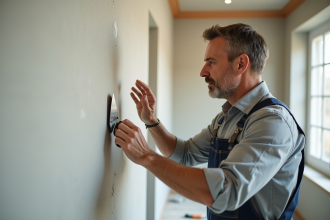 Homme en overalls inspectant un mur fraîchement peint