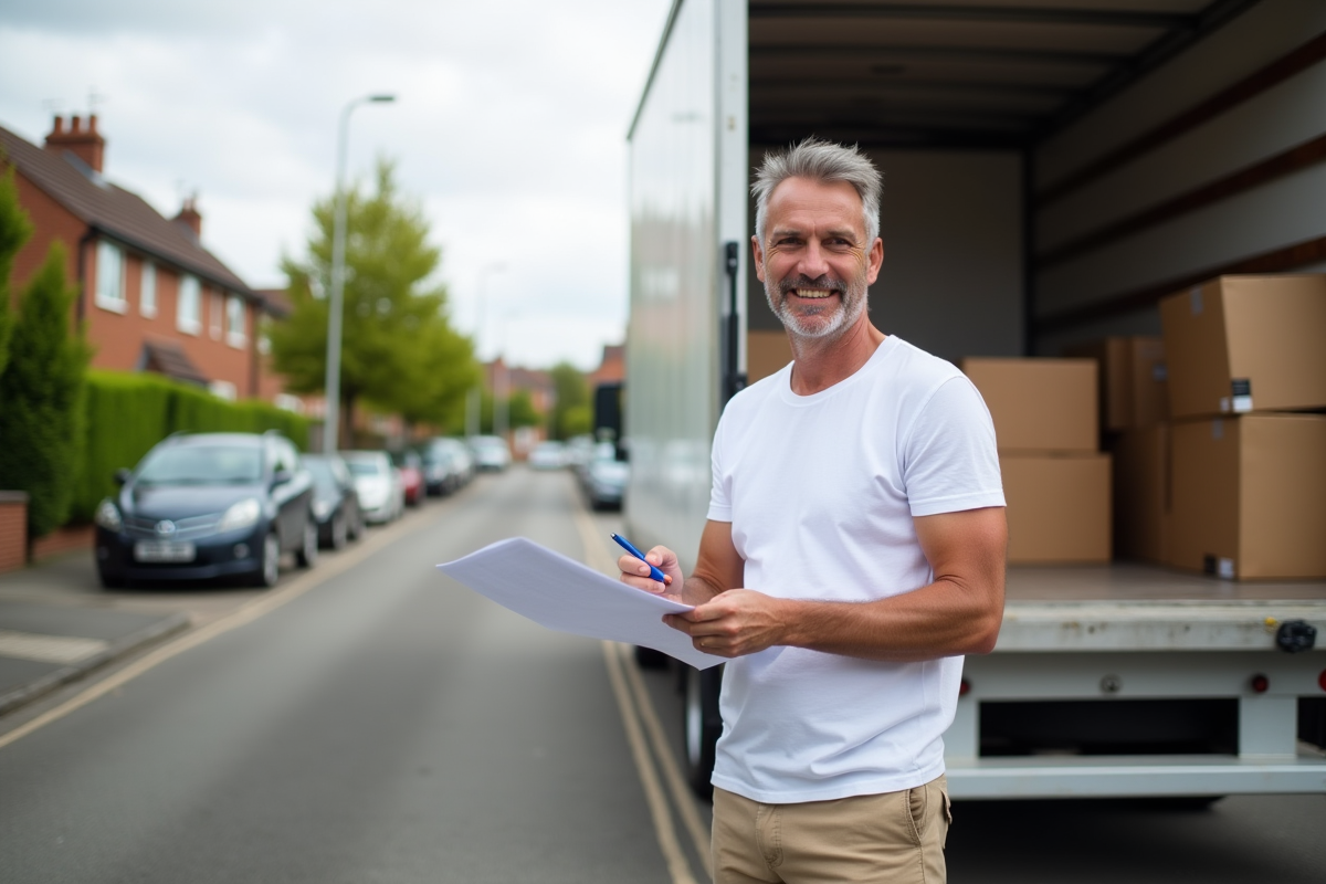 Homme signant des papiers devant un camion de déménagement